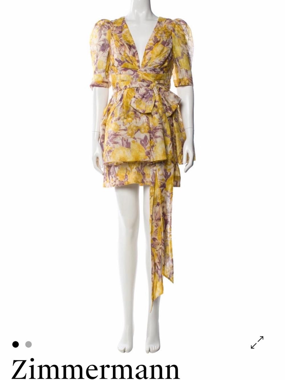 Yellow Floral V-Neck Puff Sleeve Mini Dress- Lookalike Zimmerman design dress - Picture 9 of 9